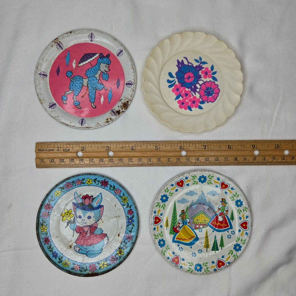 Vintage Tin Litho Toy Plates Set of 4 Poodle Bunny Alpine Floral Made in Japan